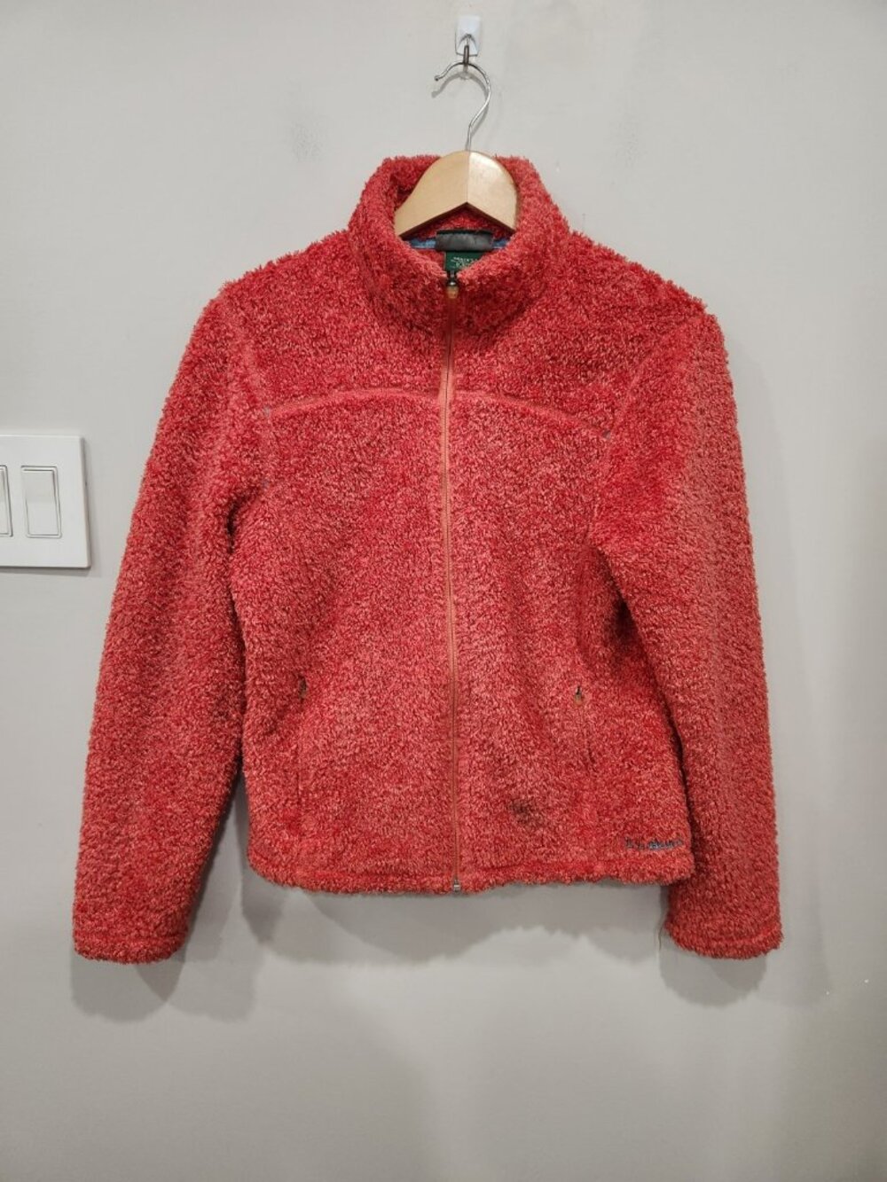 Vintage L.L. Bean Sherpa Fleece Vest Womens M Orange Coral Trim Full Zip Pockets